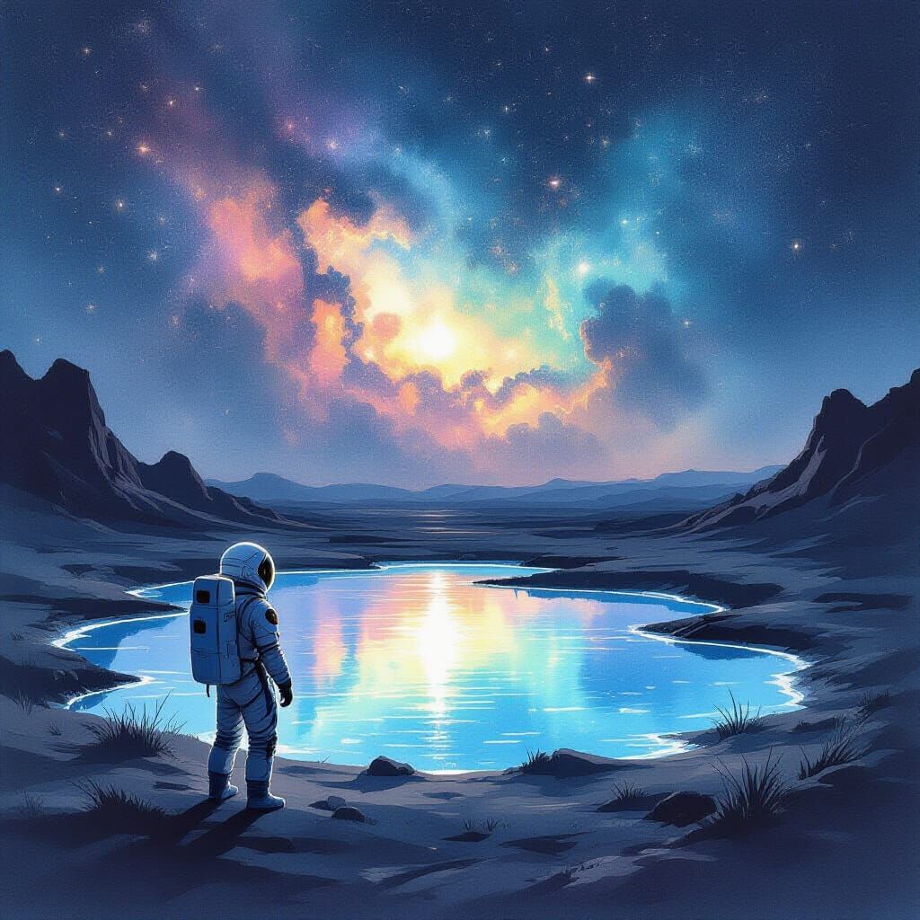 Astronaut Discovers Bioluminescent Pond on Alien Moonscape