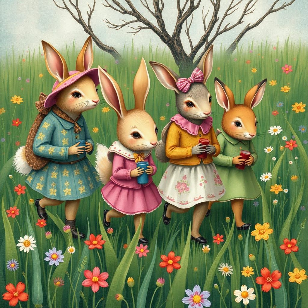 Animals in Spring Outfits Strolling Through Meadow