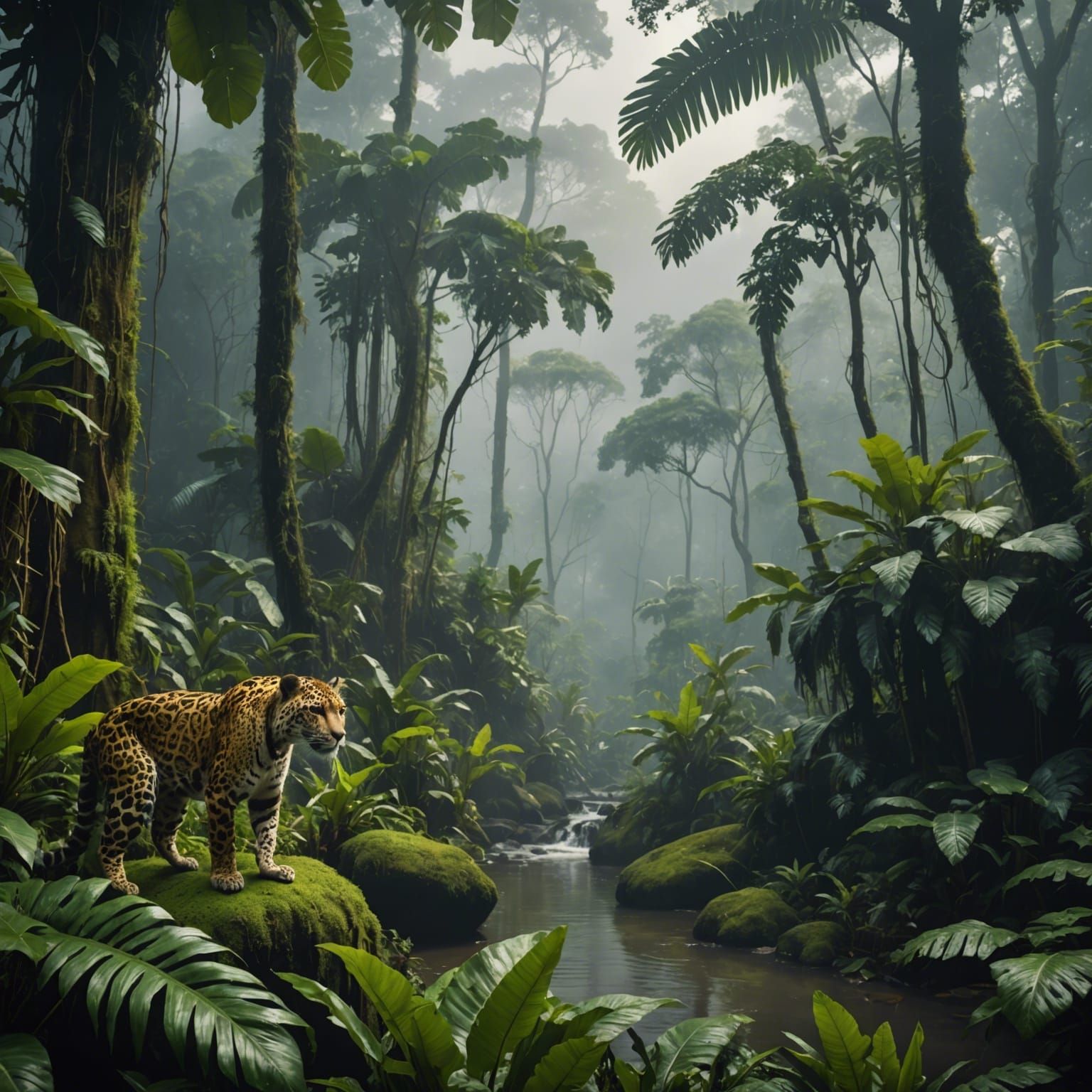Lush Amazon Rainforest with Jaguar and Monkeys
