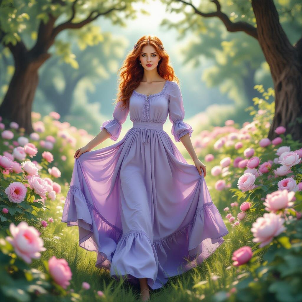 Redhead Woman Waltzing in Magical Forest as 3D Art