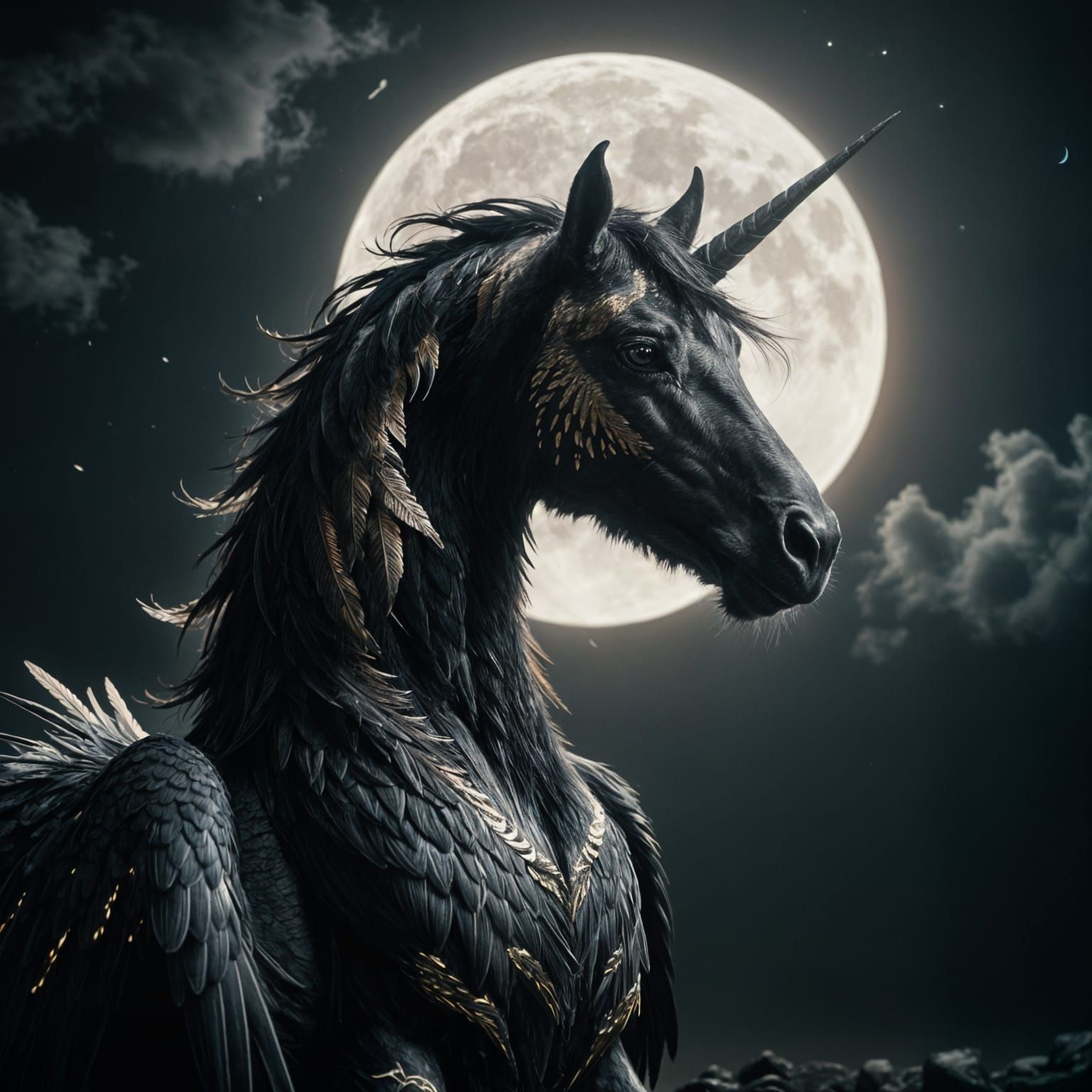Majestic Lunar Unicorn in Film Noir-Inspired Cinematic Style