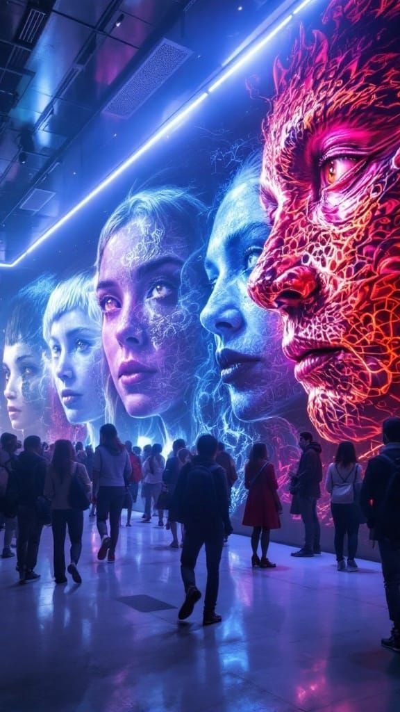 Ethereal Female Forms in Futuristic Art Gallery