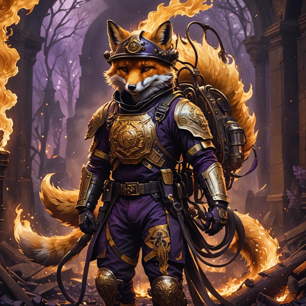 Fox Firefighter in Dark Fantasy Art Nouveau Style