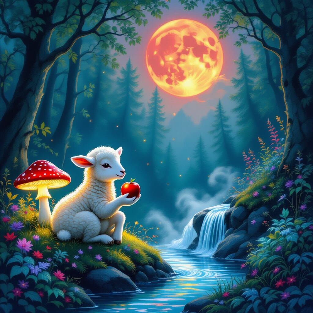 Lamb in Dreamlike Forest with Glowing Mushroom