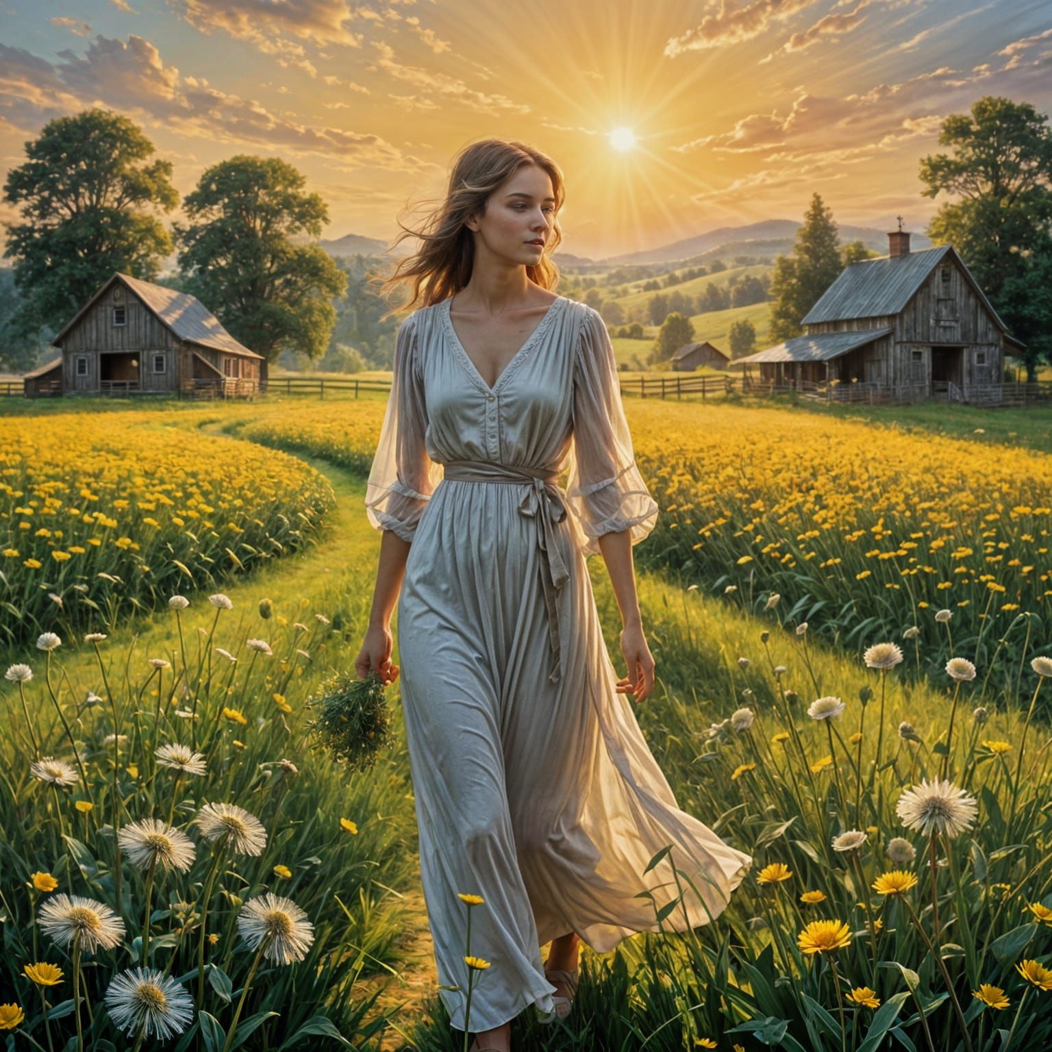 Ethereal Sunrise Farm Scene with Dandelions