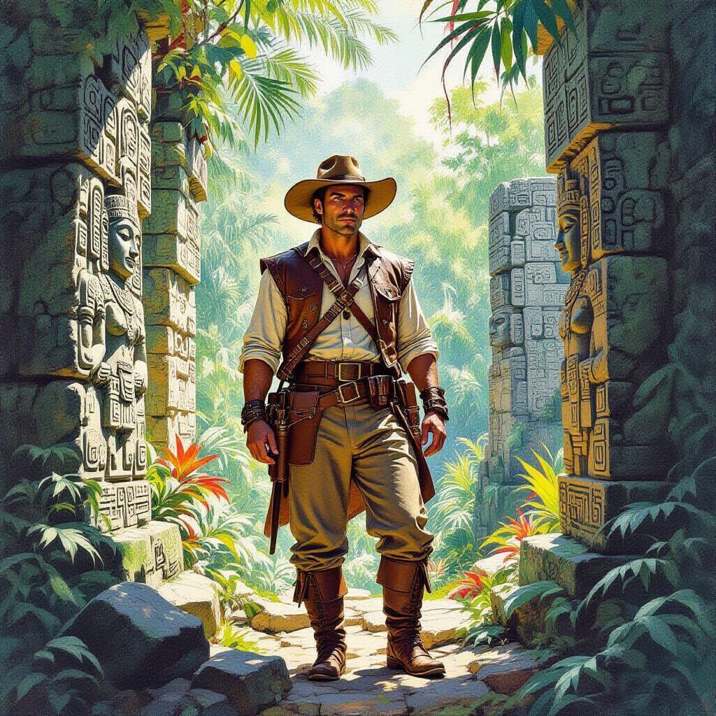 Time Traveler Amid Ancient Maya Ruins in Gouache Style