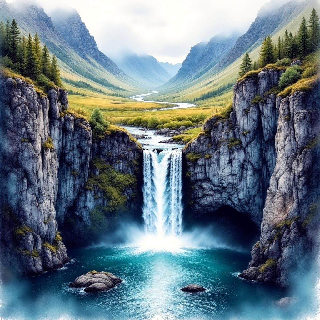 Surreal Norway Fiord Waterfall Captured in Dreamy Watercolou...