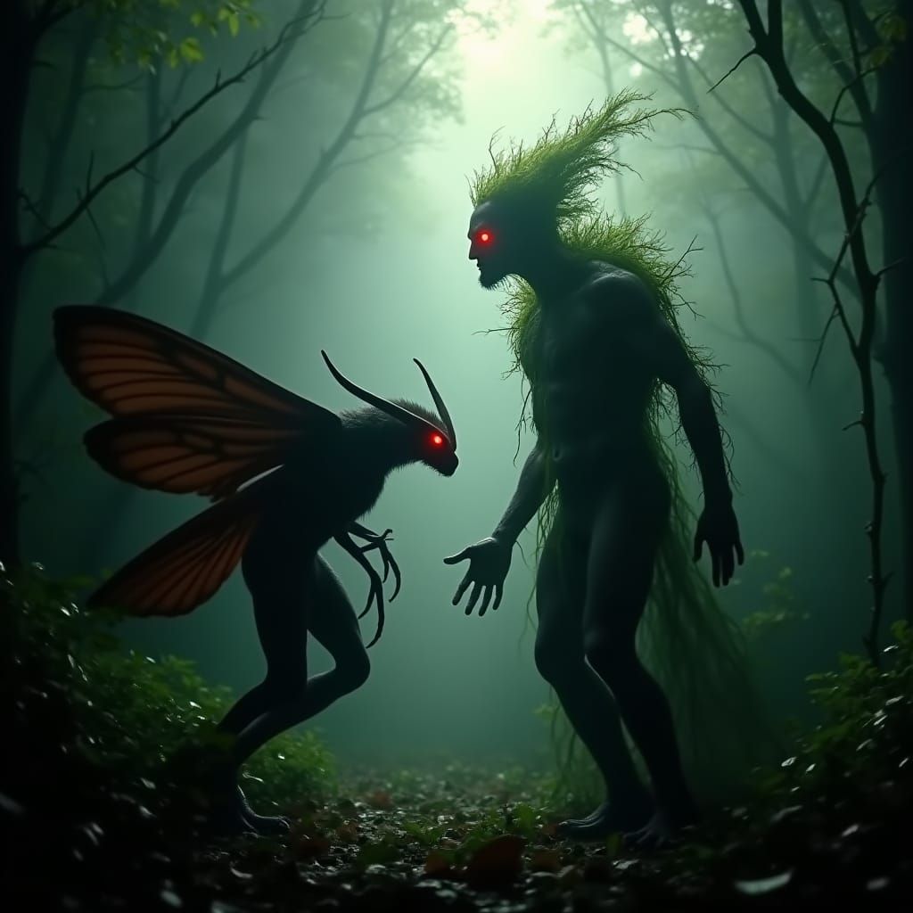Mothman vs Green Man in Misty Forest