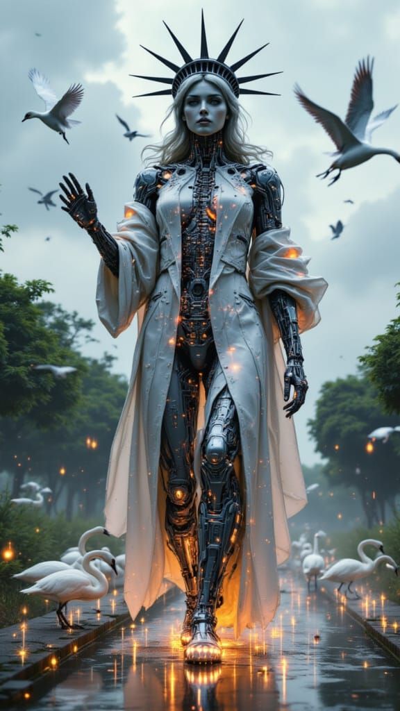 Cyborg Statue of Liberty in Futuristic Gardens by the Bay