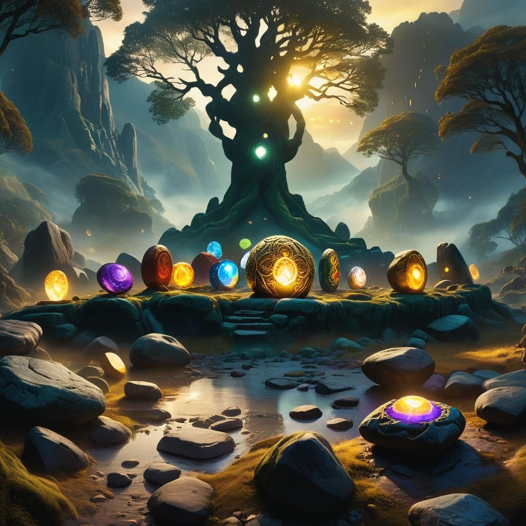 Ethereal Infinity Stones in Mystical Landscape