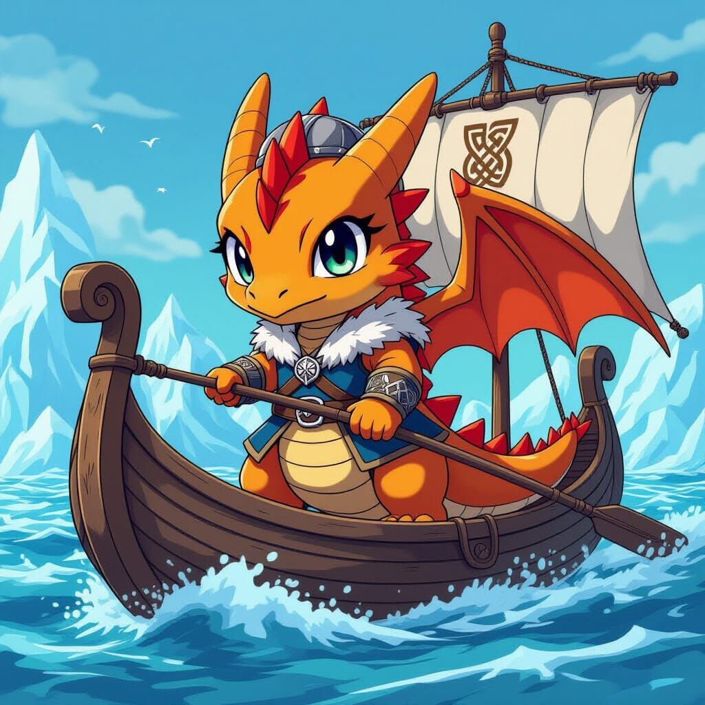 Chibi Dragon Captain Navigating Icy Seas in Anime Style