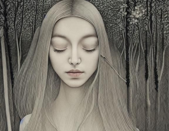 Woman with Narcotic Flower in Etching Style