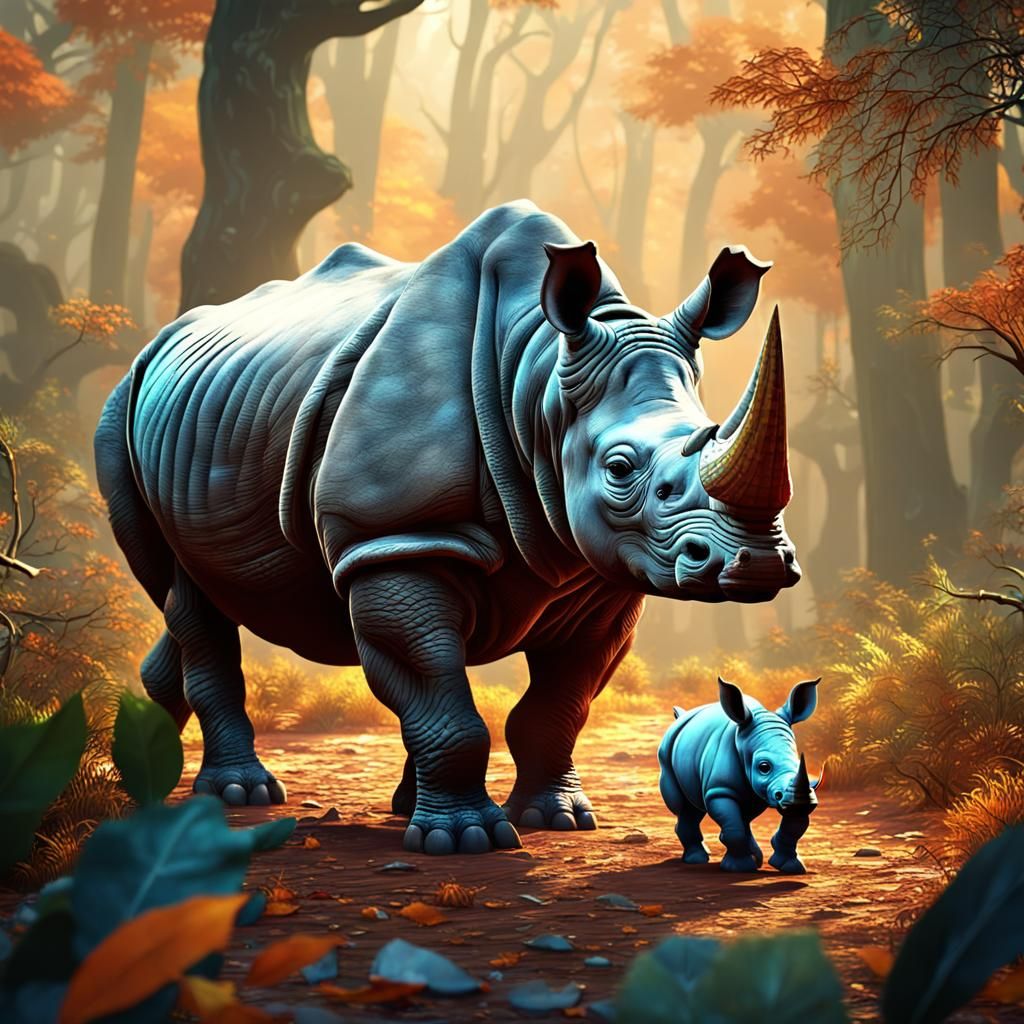 Baby Rhino and Mother Walking in Jungle