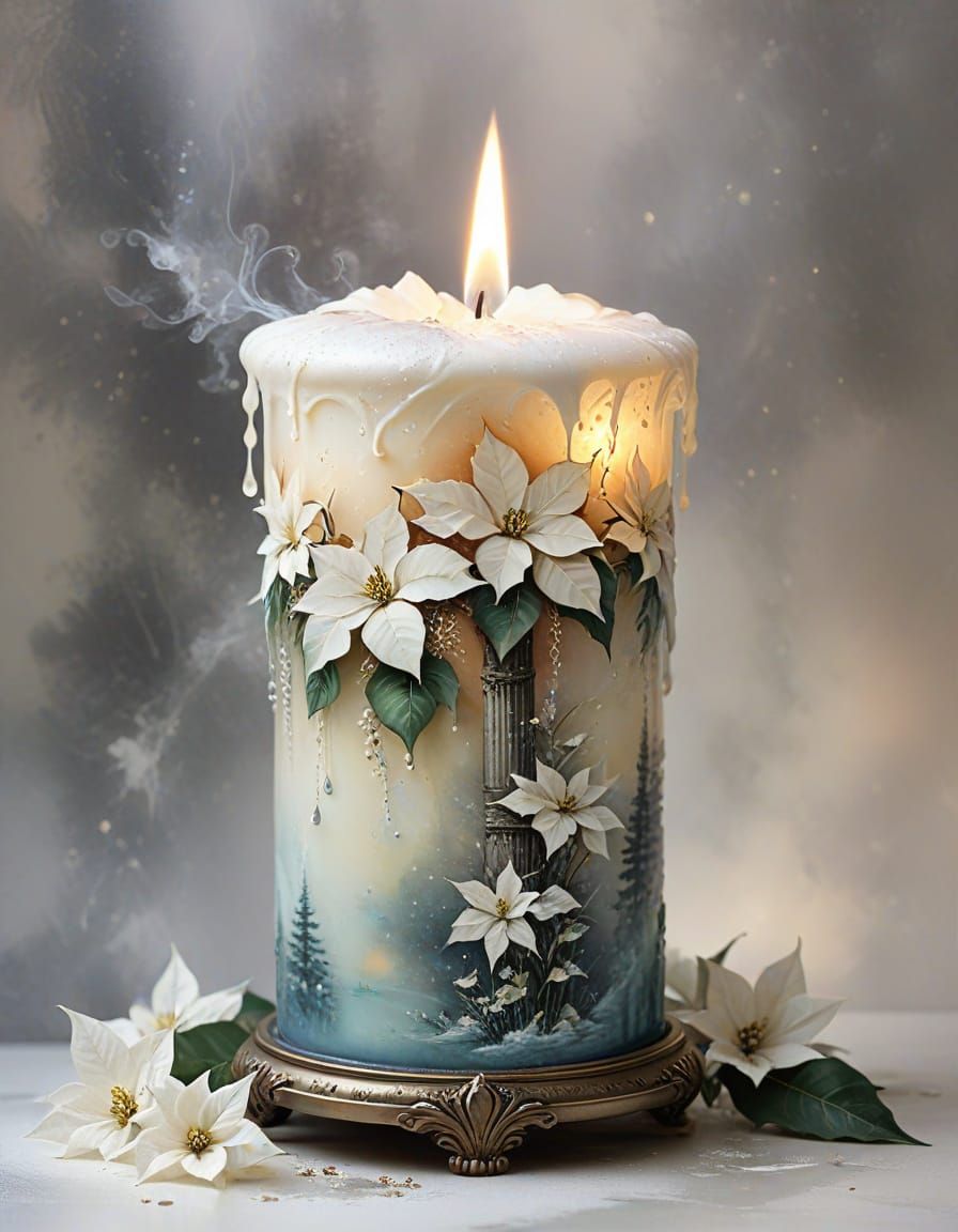 Poinsettia Grows from Burning Candle in Watercolour