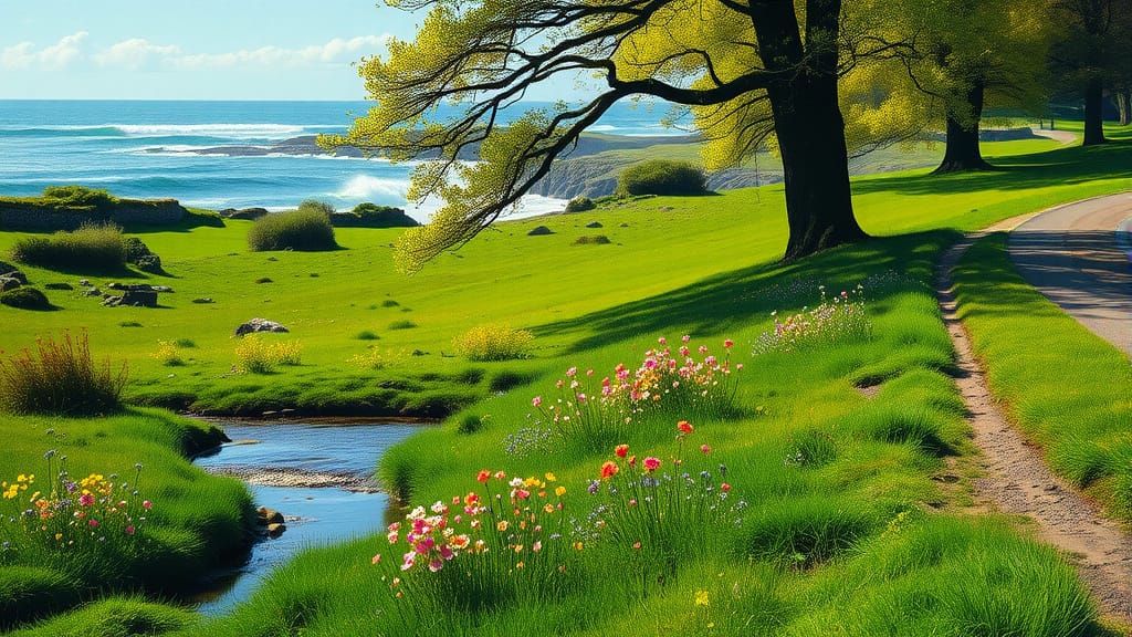 Tranquil Meadow with Stream in Romantic Style