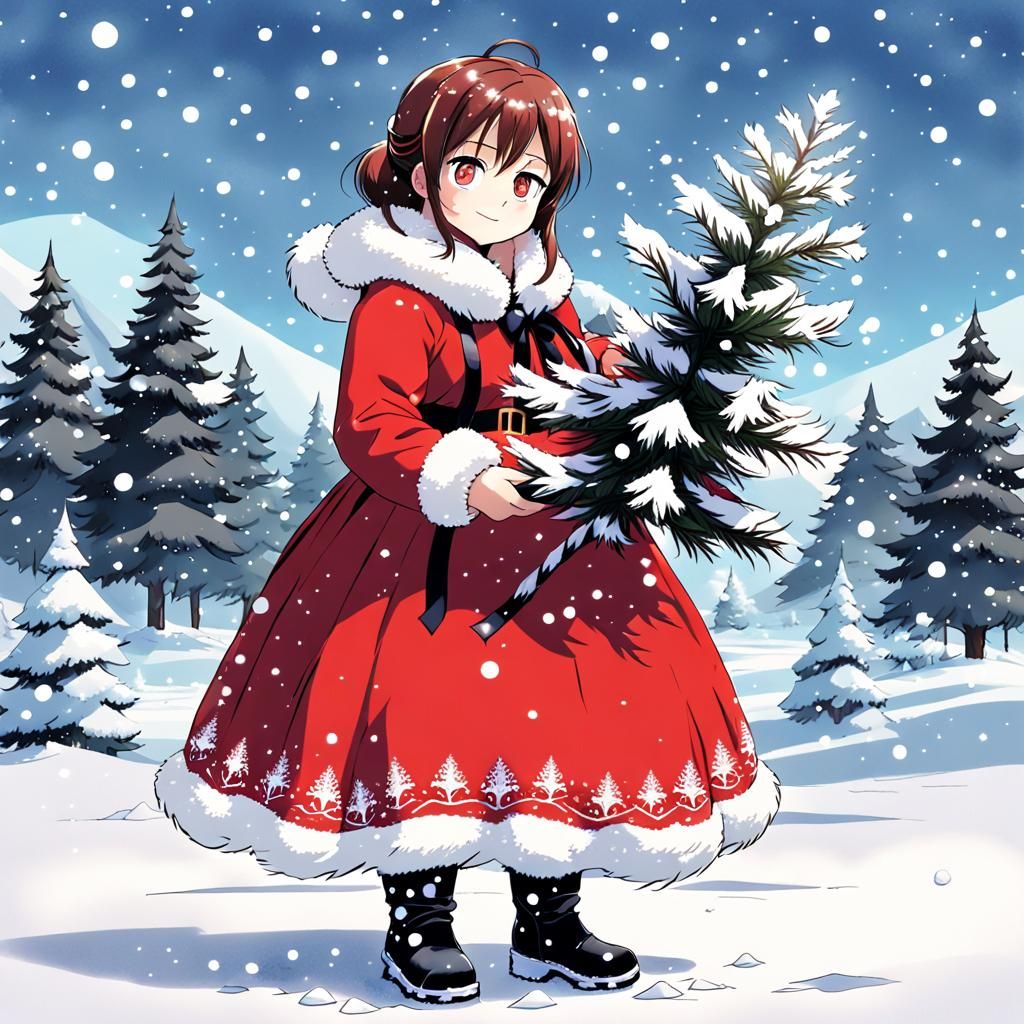 Festive Anime Woman in Winter Wonderland