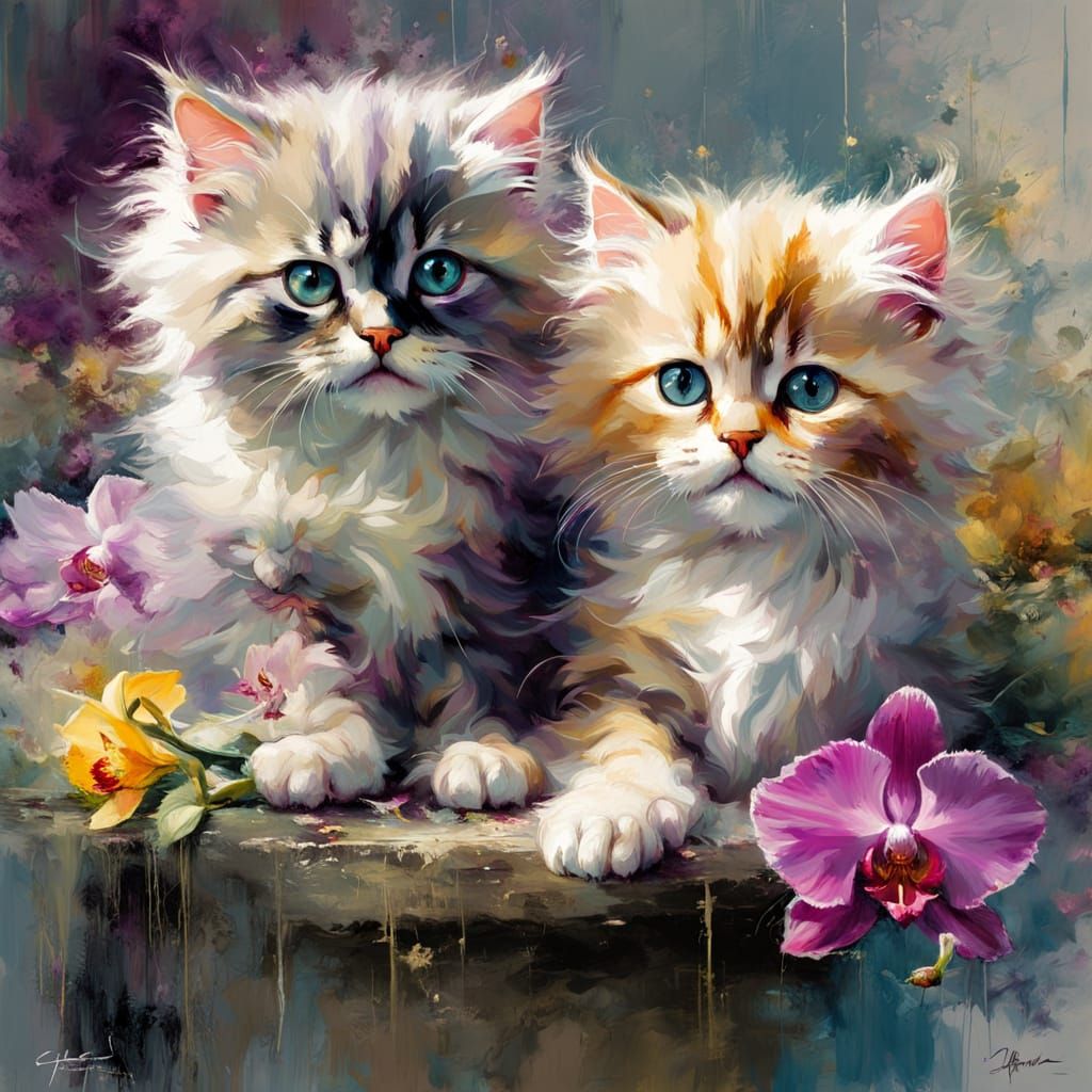 Beautiful Persian Kittens in Vibrant Orchids, Fine Art Paint...