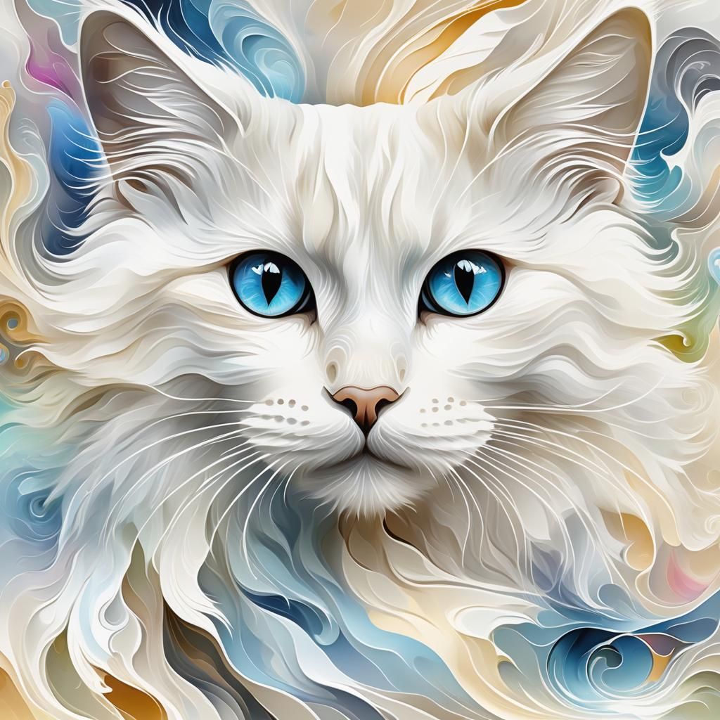 Fluffy White Cat with Prismatic Eyes in Impasto Style
