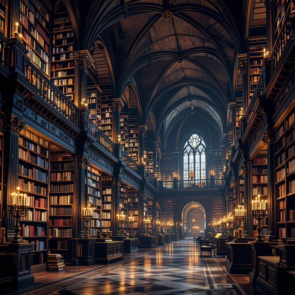 Ancient Library with Gothic Architecture and Candlelight