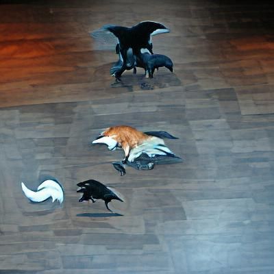 Three-Headed Hybrid Creature: Fox, Raven, and Cat