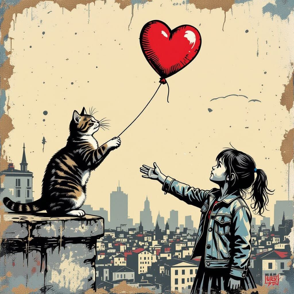 Cat Leaping for Heart Balloon in Banksy Graffiti Style