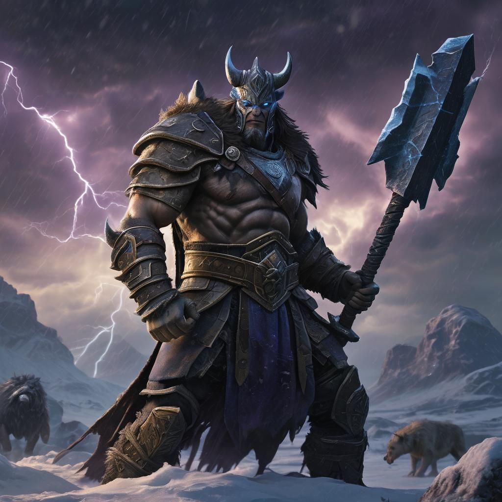Ancient Warrior in Frozen Lightning Storm