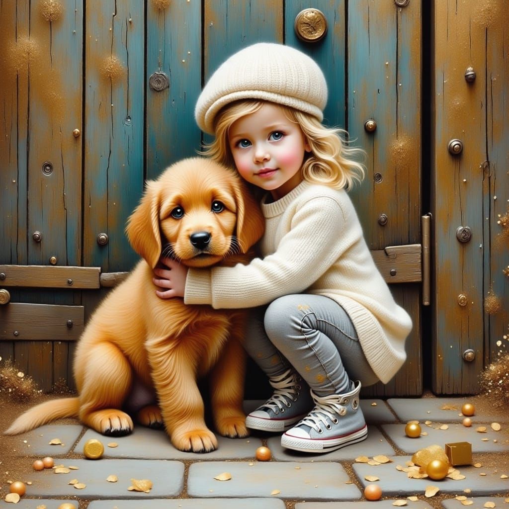 Whimsical Girl and Golden Doodle Puppy Oil Painting