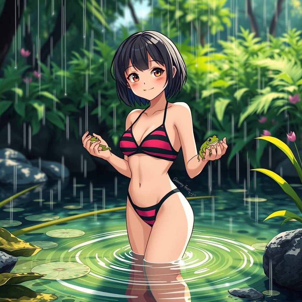 Joyful Young Woman in Anime Style Bikini with Frogs