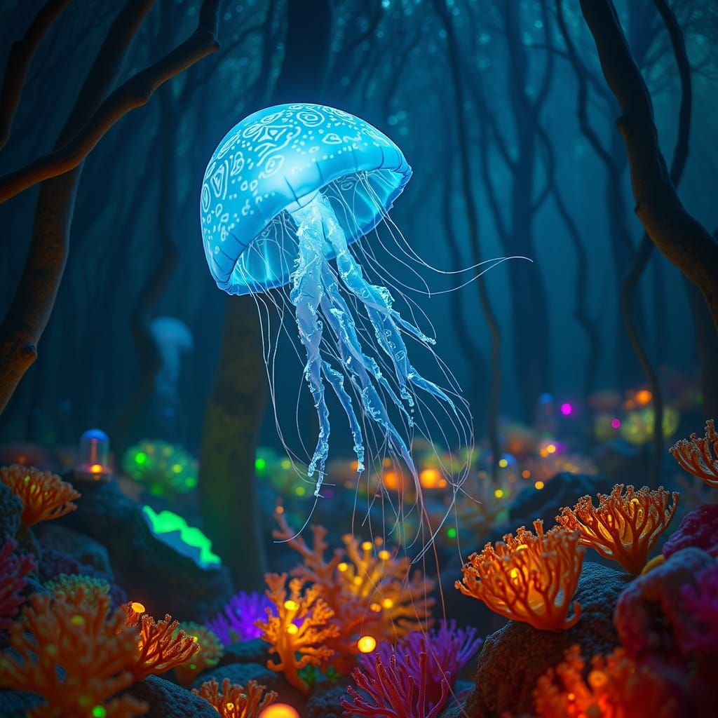 Bioluminescent Jellyfish in Dreamlike Underwater Forest