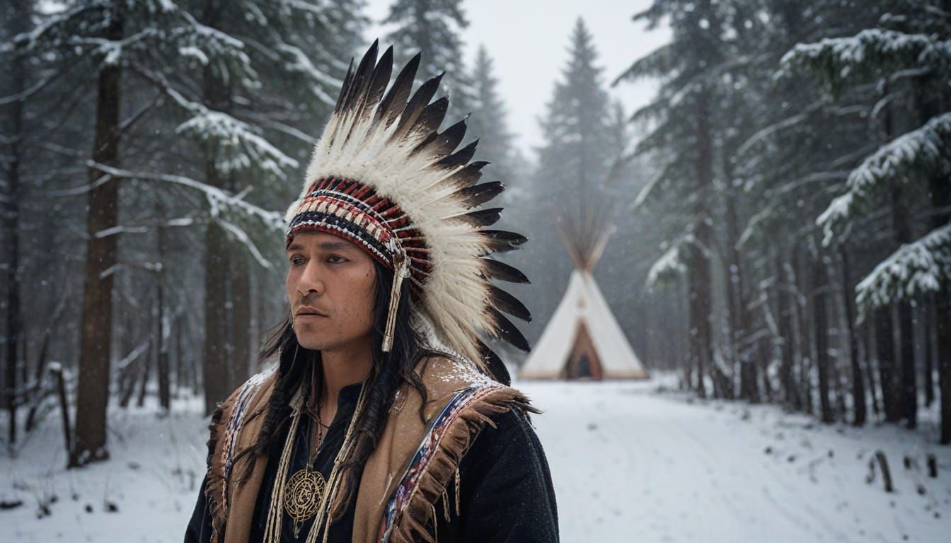 Native American Warrior in Snowy Forest, Cinematic Portrait ...