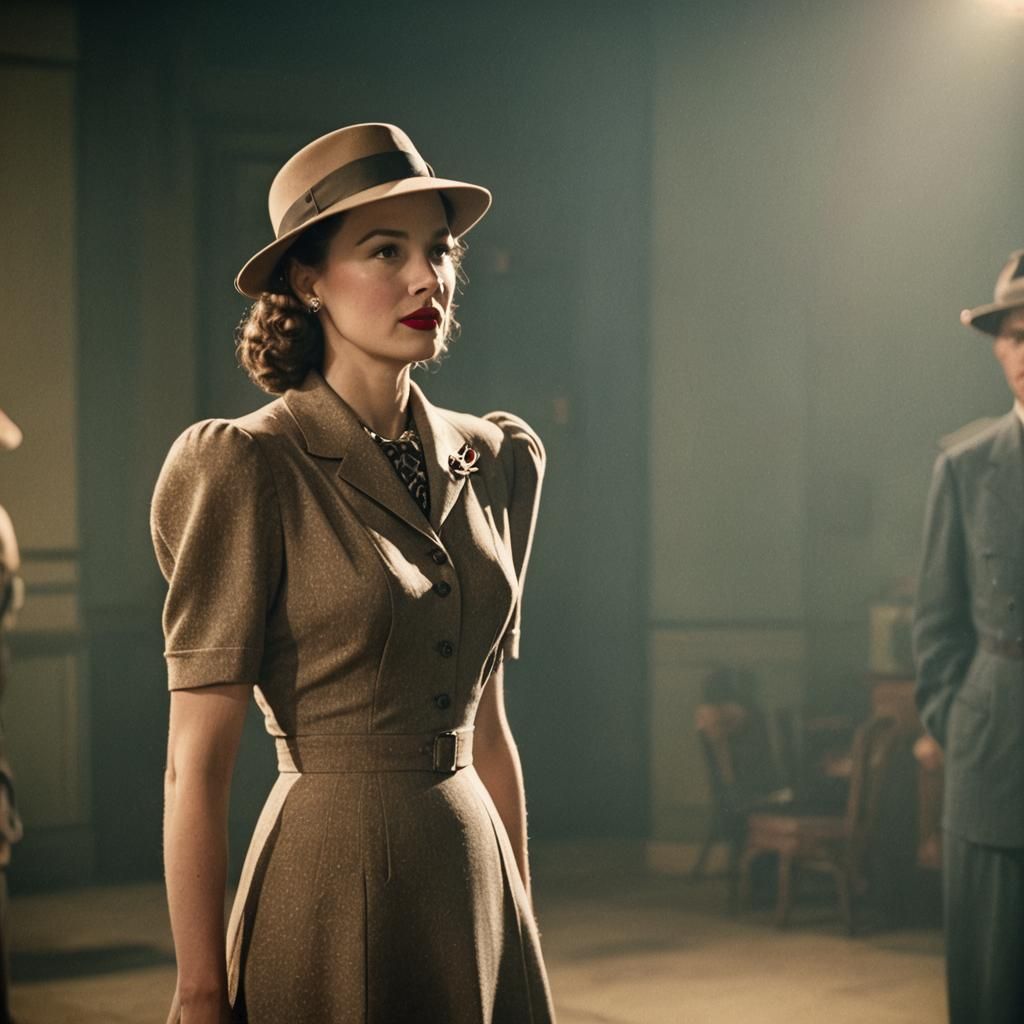 1940s Woman in Fitted Dress: Cinematic Film Still