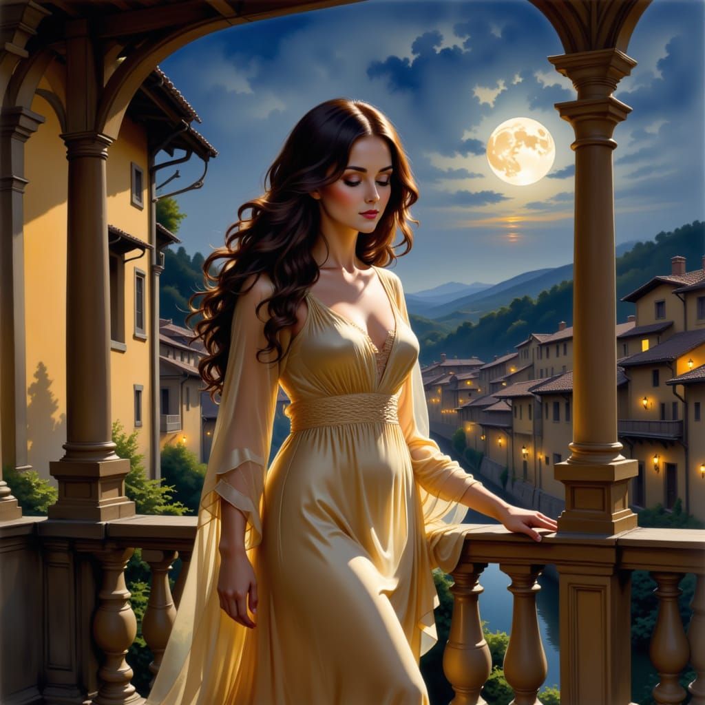 Woman on Moonlit Balcony Overlooking Renaissance City