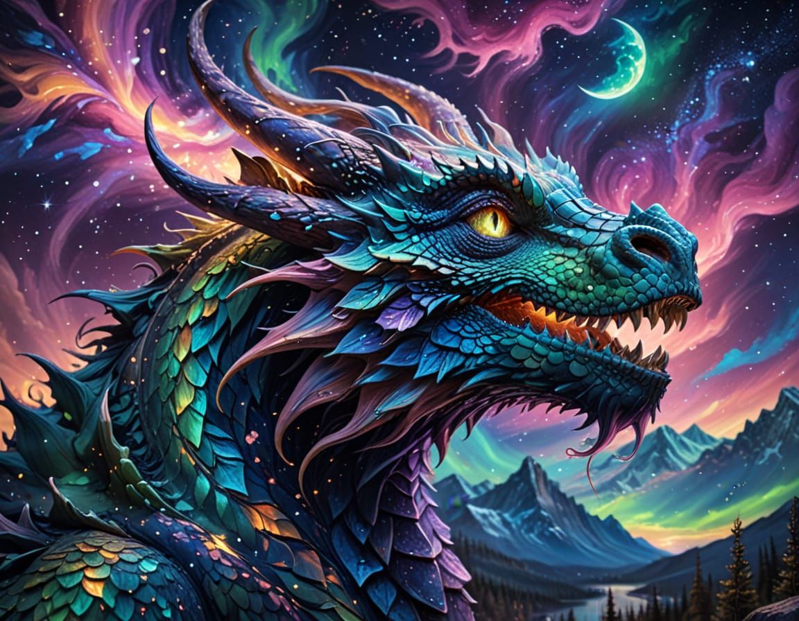 Vibrant Dragon in Ethereal Aurora
