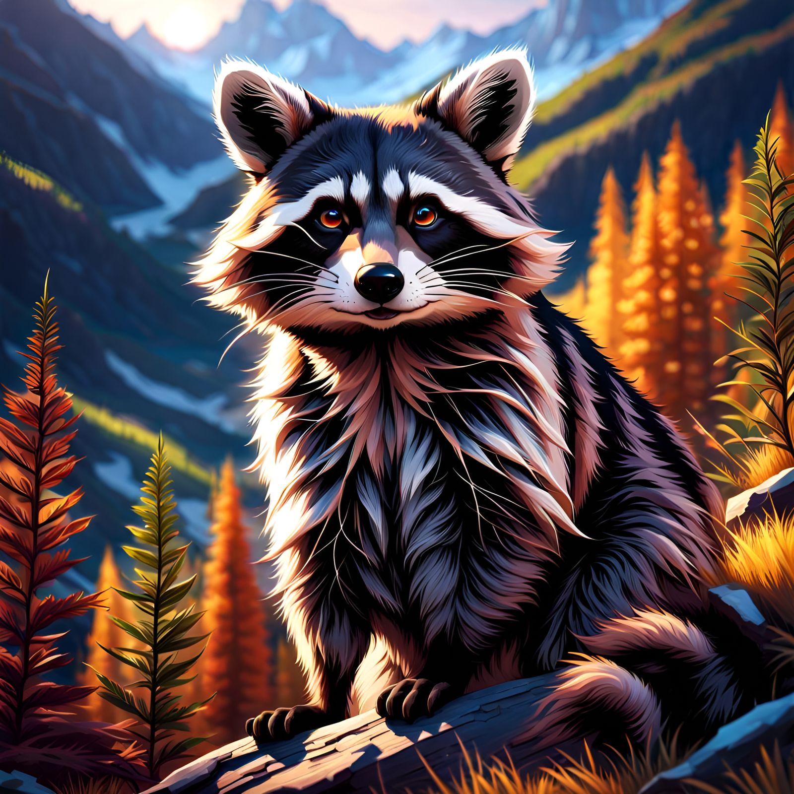 Realistic Raccoon Portrait with Mountain Landscape, Detailed...