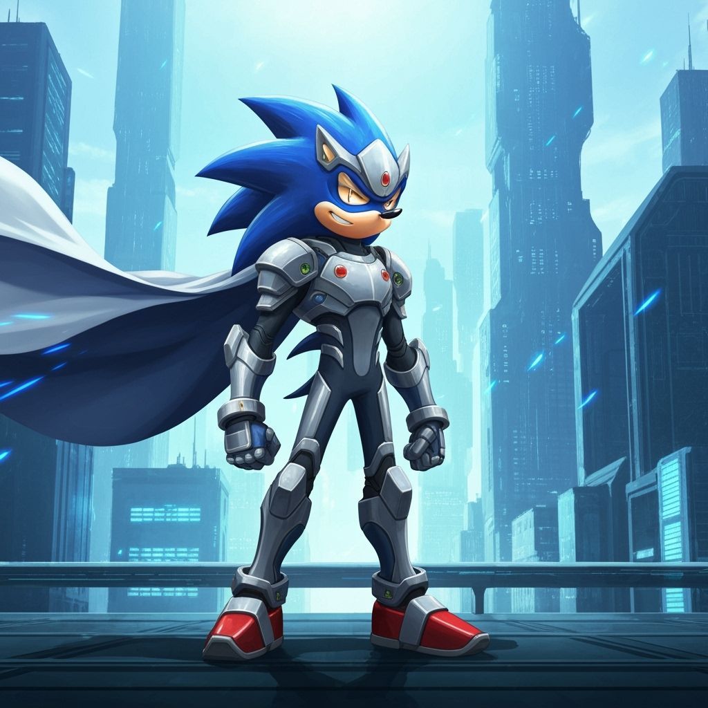 Armored Sonic in Futuristic Cityscape Art