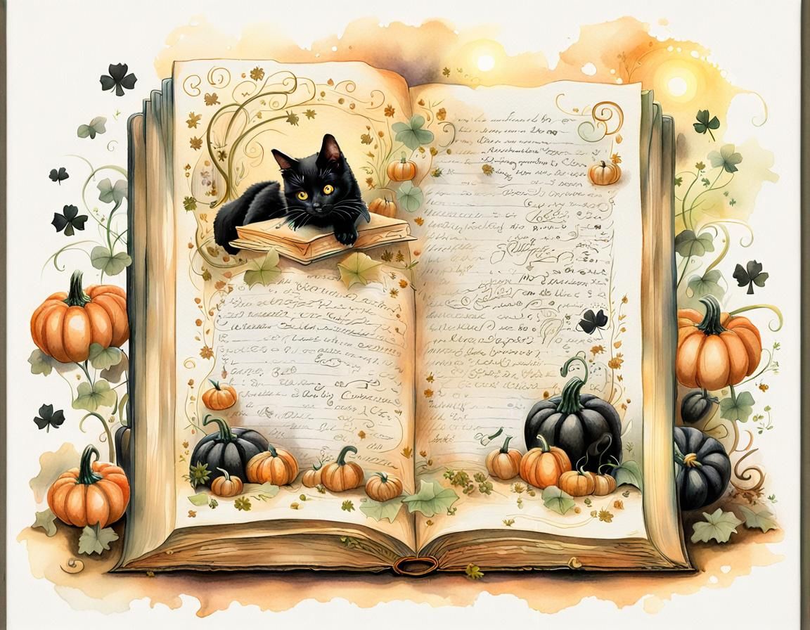 Black Cat and Magic Book: Whimsical Watercolor Illustration