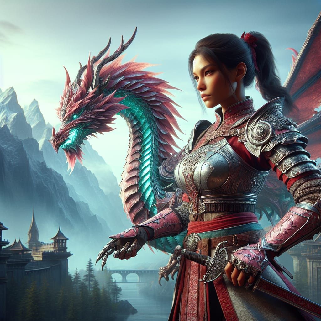 Medieval Warrior and Dragon in Rose Armor