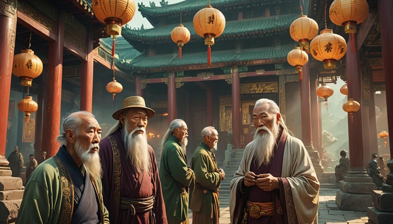 Oriental Sages Talking in Grand Chinese Temple