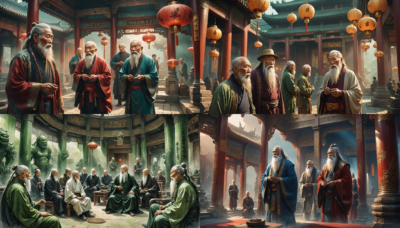 Oriental Sages Talking in Temple: Detailed Digital Painting