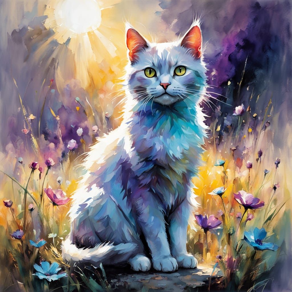 Elegant Cat in Meadow: Detailed Watercolor Painting