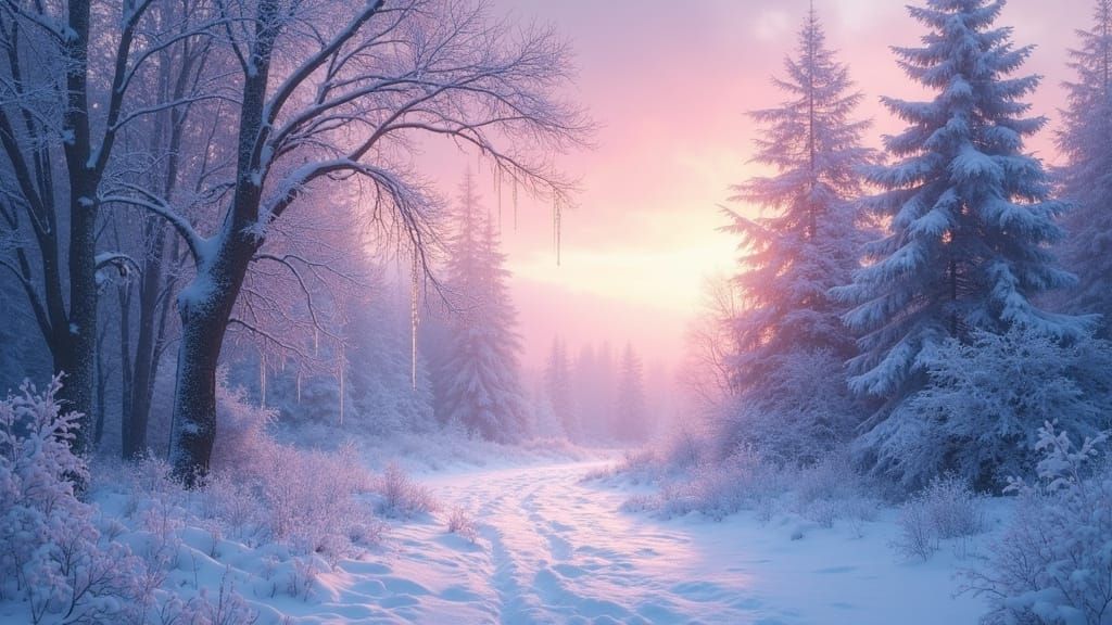 Snowy Forest at Dawn in Ethereal Fantasy Style