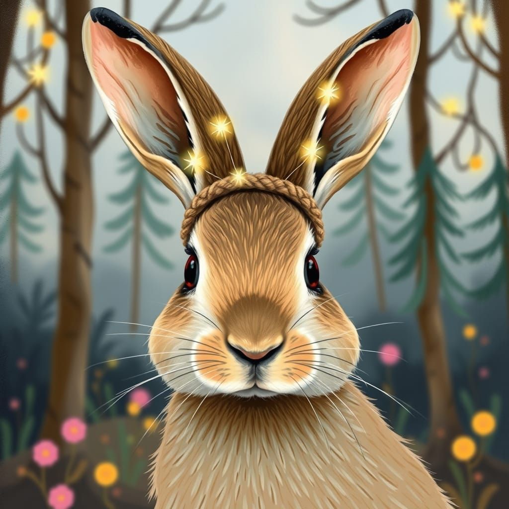 Hare with Sparkling Lights in Whimsical Forest