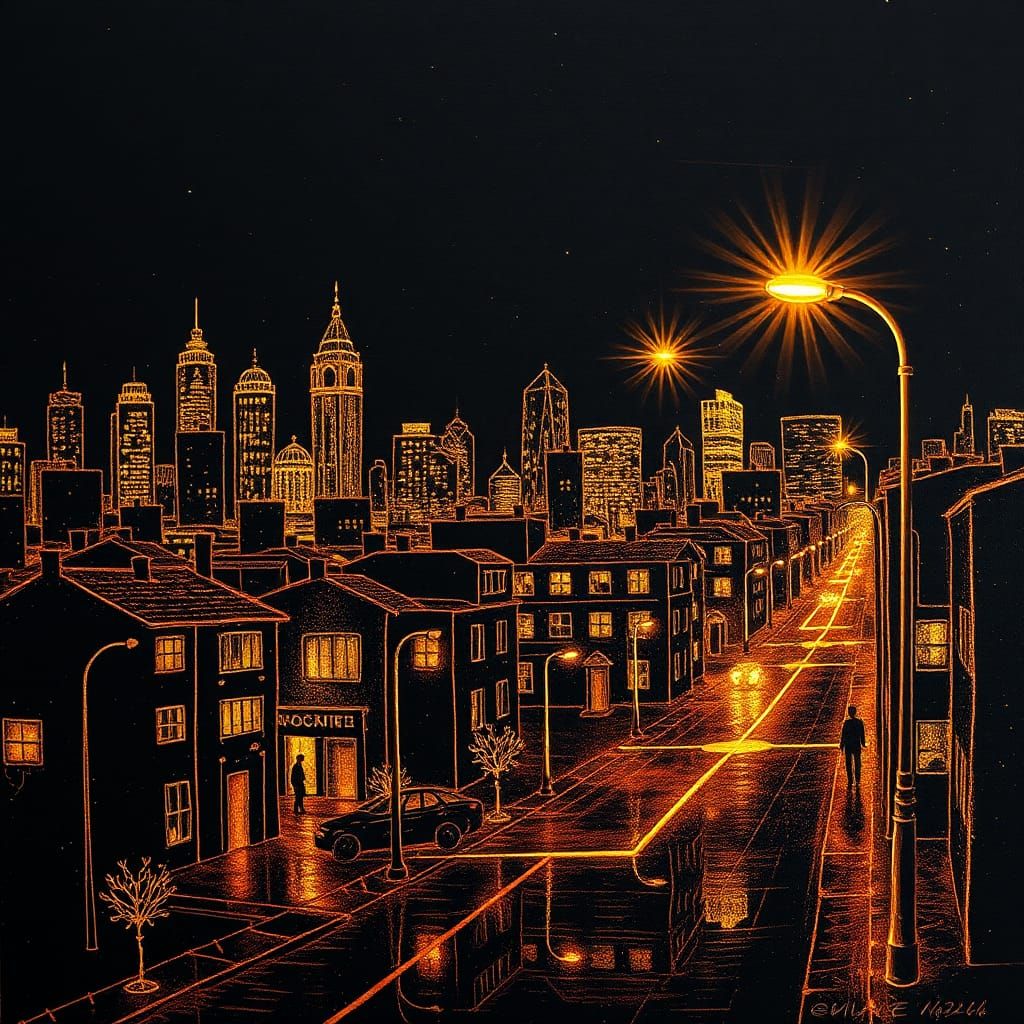 City at Night in Bioluminescent Wireframe Style