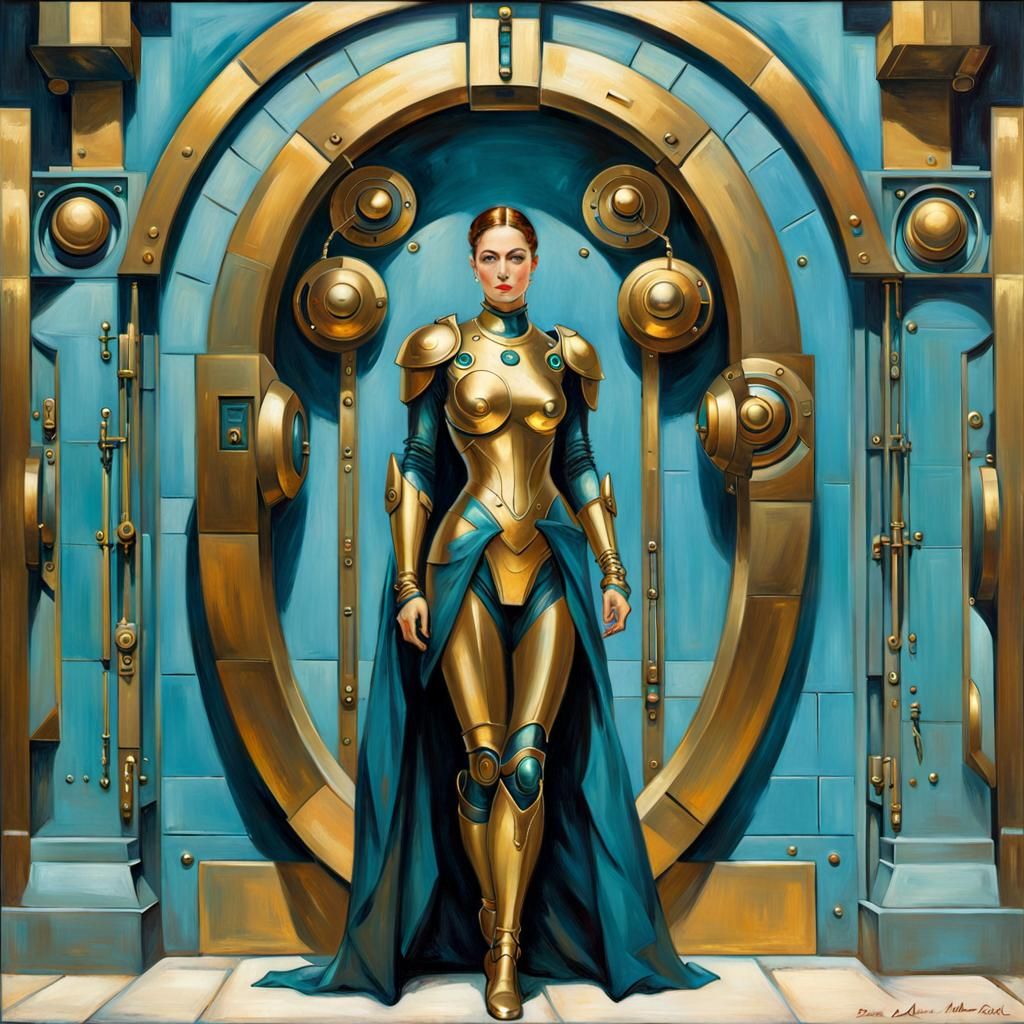 Cyborg Woman and Brass Portal in Futuristic Realism