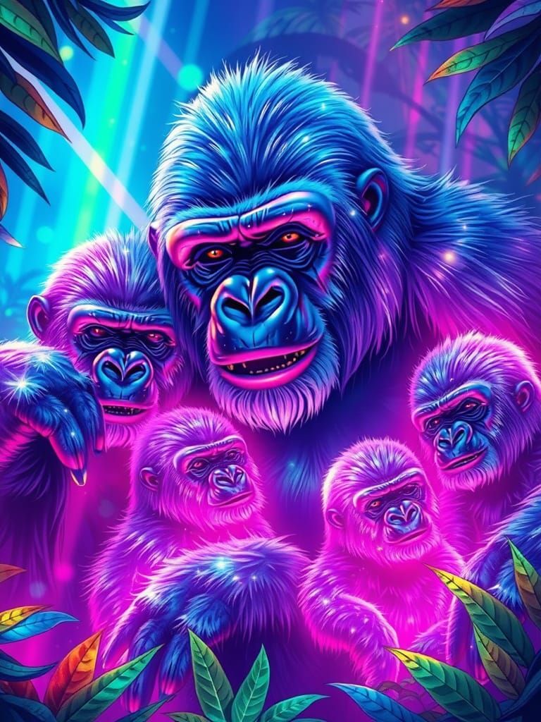 Radiant Translucent Gorilla Family in Crystalline Jungle
