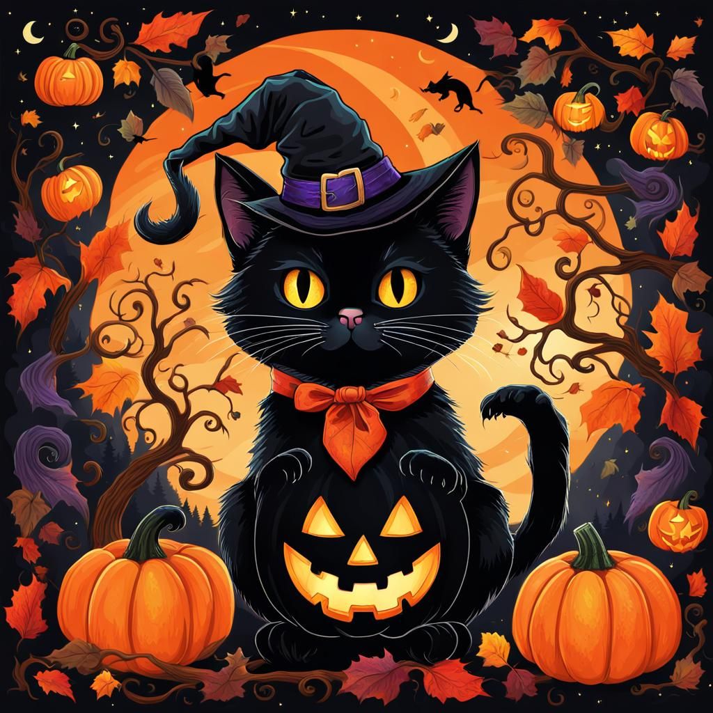 Halloween Cat in Jack-O'-Lantern: Whimsical Digital Art