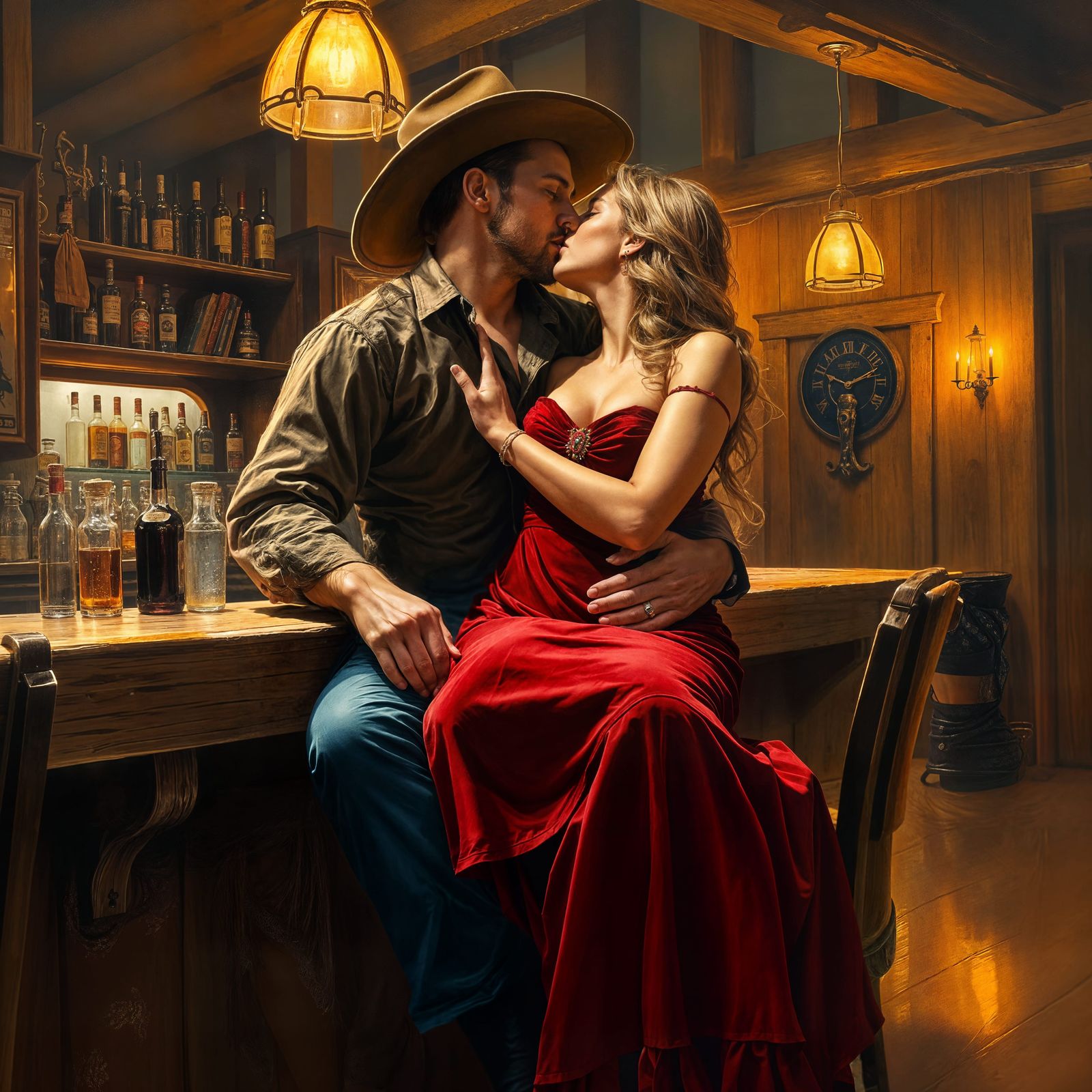 Cowboy and Barmaid's Kiss in Romantic Western Style