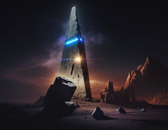 Black Monolith on the Moon with Blue Light