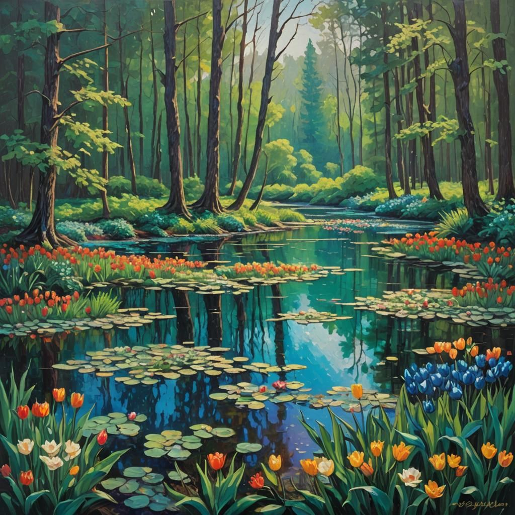 Vibrant Emerald Forest Oil Painting with Palette Knife