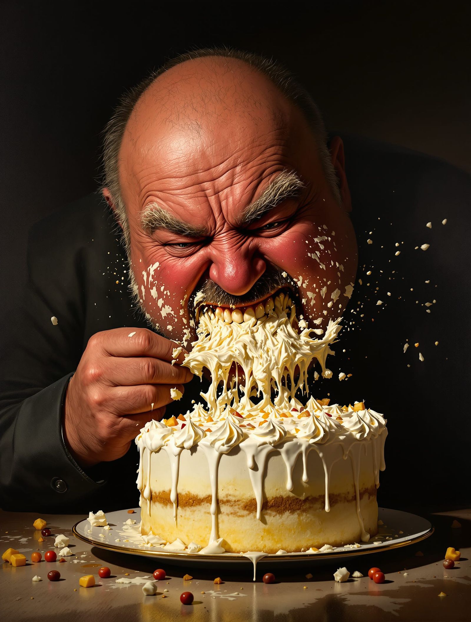 Balding Man Joyfully Devours Cake in Dramatic Oil Painting